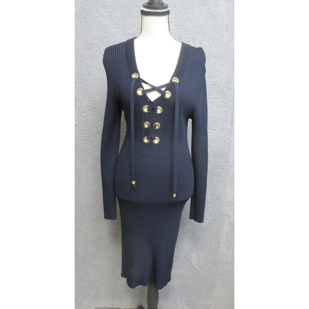 MICHAEL Michael Kors Sweater Dress Womens Medium Blue Lace Up Bodycon Midi